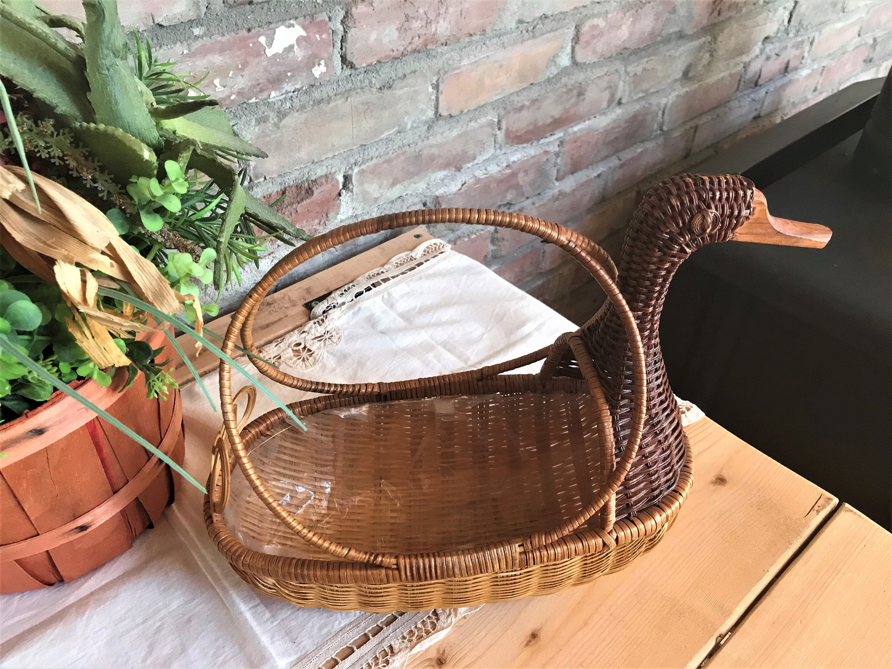 Vintage Wicker Duck Basket With a Double Arched Handle. VTG Etsy