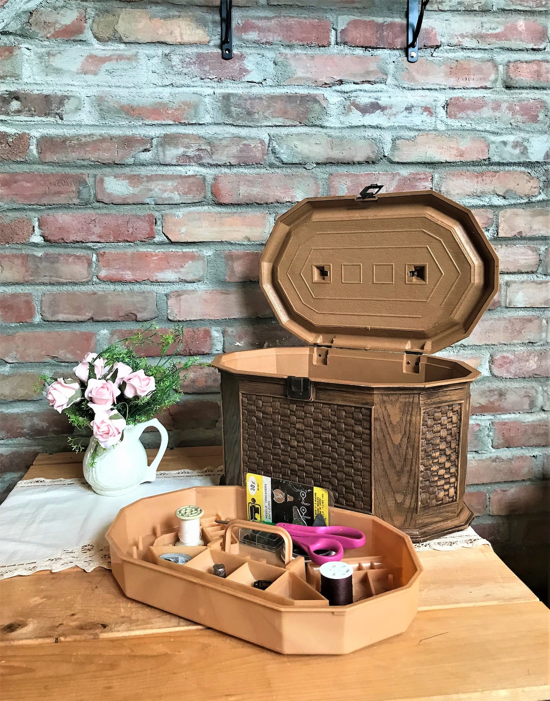 Vintage Plastic Sewing Basket With Inner Tray. Faux Wood and Etsy