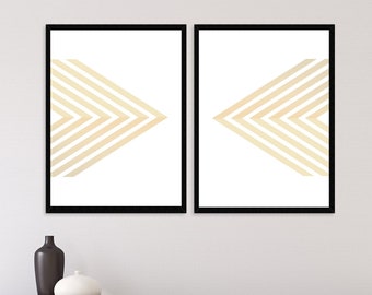 Triangles Art Prints, Set of Two, Geometric Wall Art, Modern Home Decor, Printable Art Pieces, Instant Download, Beige and Gold Art