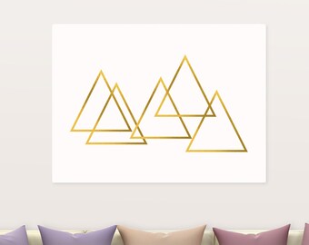 Gold Triangles Art Print, Minimalist Decor, Geometric Wall Art, Modern Home Decor, Gold Design with a Pale Pink Background