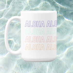 ALOHA Ceramic Mug | 15oz Beach Vibes Mug with a Cute and Pastel Design, Housewarming Gift | Microwave & Dishwasher Safe