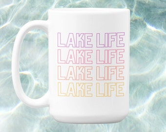 Lake Life Ceramic Mug | 15oz Beach Vibes Mug with a Cute and Pastel Sun Design | Microwave & Dishwasher Safe