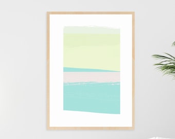 May include: A framed abstract art print with a light green, pink, and blue color scheme. The print is in a wooden frame and is hanging on a white wall.