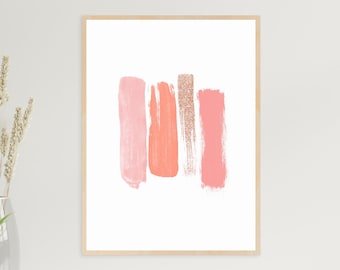May include: Abstract art print with five vertical brushstrokes in shades of pink and peach. The brushstrokes are on a white background and framed in a light wood frame.