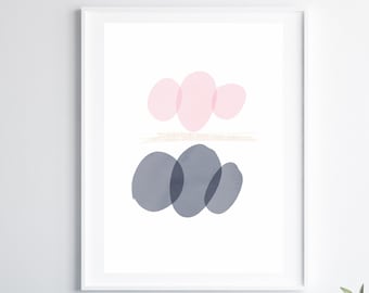 Minimalist Art Print, Soft Color Palette, Unique Digital Print, Pastel Pink and Gray Circles w/ Gold Accent, Beautiful Modern Wall Art