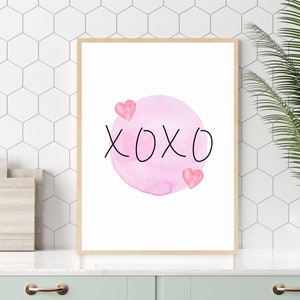 XOXO Art Print, Pink Hearts Wall Art, Valentine's Day Gift Idea, Heart Wall Decor, Instant Digital Download, Art Printable, Pink Decor image 1