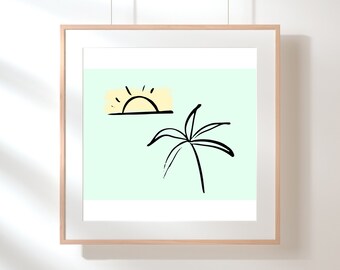 Mint Green Palm Tree Art Print, Sun and Palm Tree Art, Beach Inspired Art, Coastal Decor, Summer Vibe Art, Mint Green and Pastel Yellow