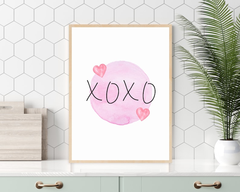 XOXO Art Print, Pink Hearts Wall Art, Valentine's Day Gift Idea, Heart Wall Decor, Instant Digital Download, Art Printable, Pink Decor image 1