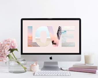LOVE Beach Themed Desktop Wallpaper, Unique and Beautiful Laptop Background, Product Bundle Including Matching Tablet and Phone Wallpaper