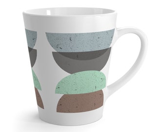 Taza Half Circle Boho Latte / 12 oz. Taza de cerámica blanca con diseño moteado en tonos tierra / El regalo perfecto para los amantes del café y el café con leche