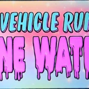 May include: A rectangular sign with the text "THIS VEHICLE RUNS ON BONE WATERS" in a bubble font. The top text is light blue with a black outline, and the bottom text is pink with a dripping effect. The background is a colorful gradient.