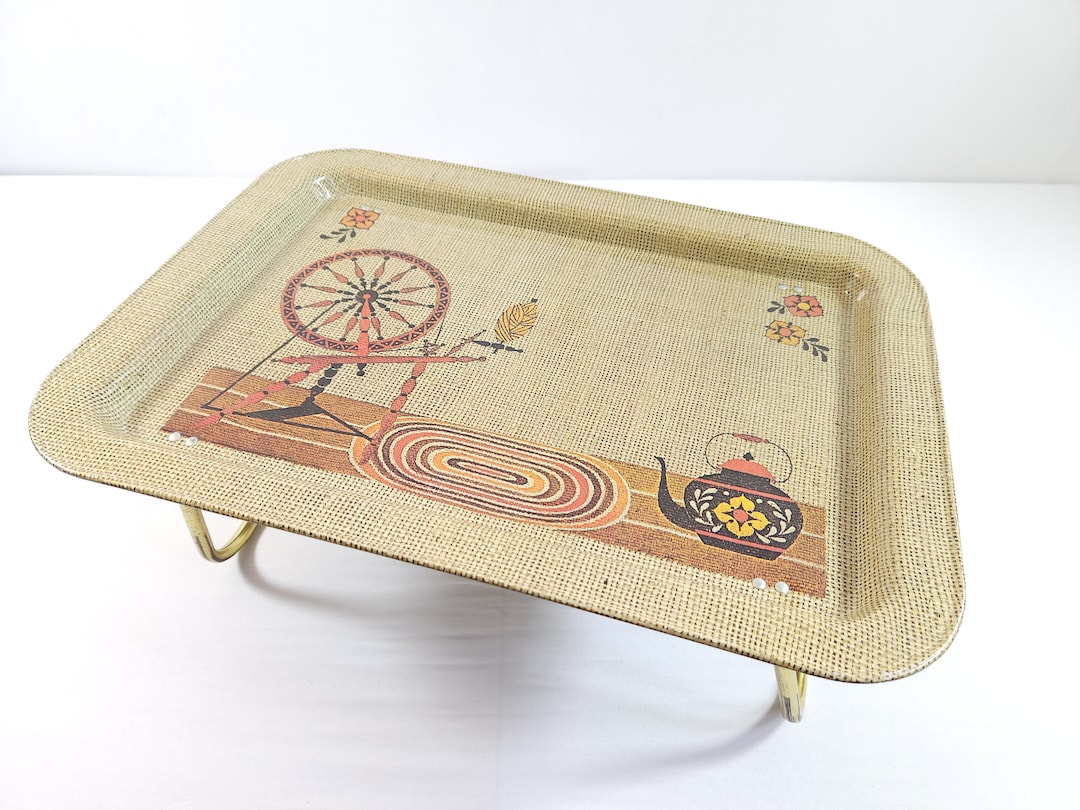 Vintage 1970's Folding Metal TV Lap Tray, Spinning Wheel, 17.5 X 13 In