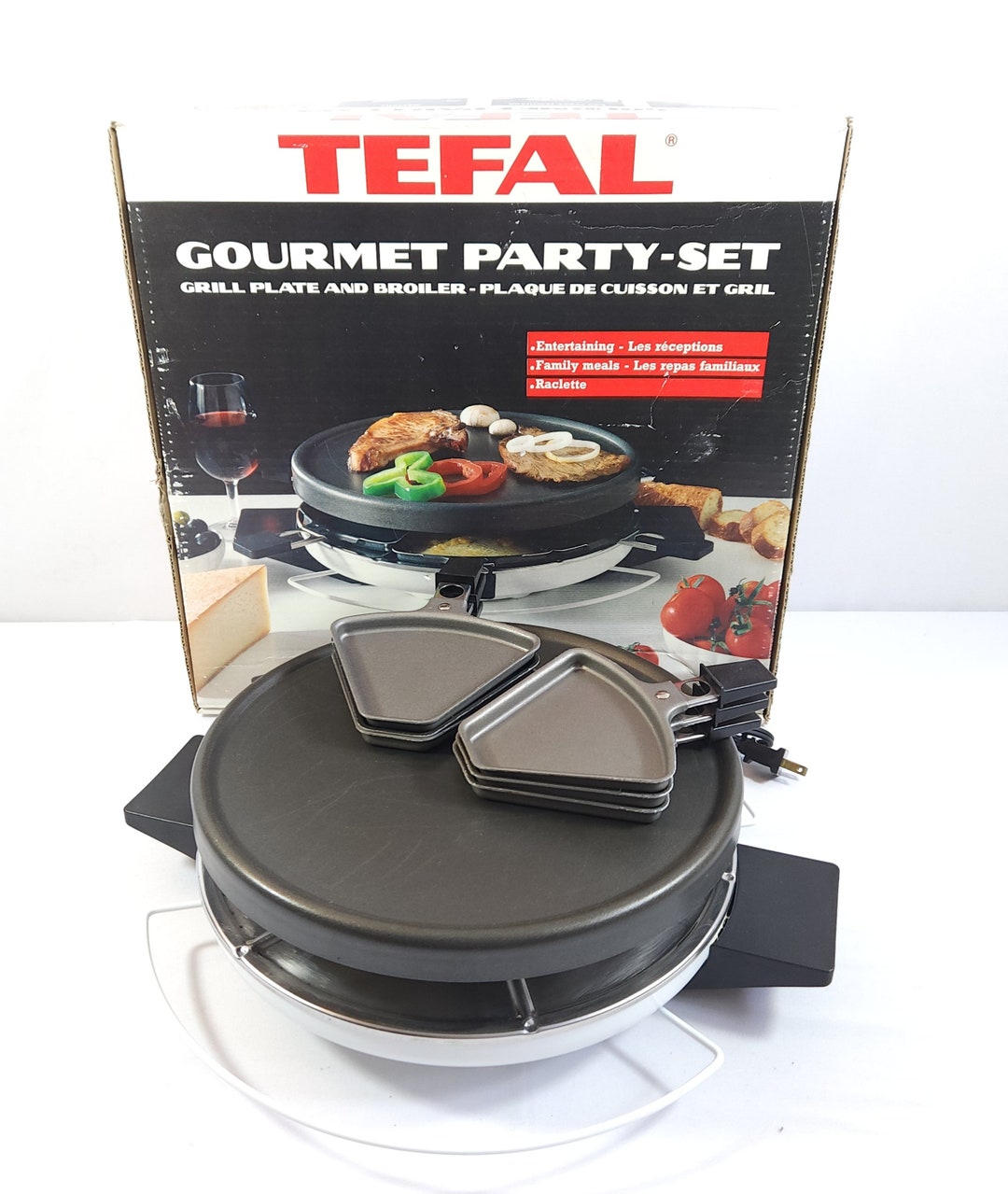 Vtg T-FAL Tefal White Raclette Grill Plate Broiler in Box, Made in France 