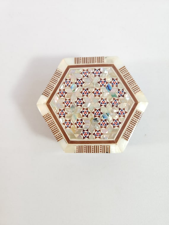 Vtg Inlaid Wood Mother of Pearl Mosaic Handcrafte… - image 2