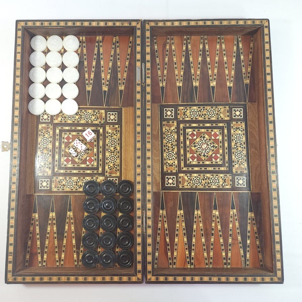 Vtg 1980's Middle Eastern Backgammon Mosaic Inlaid 19.5'' Wood Folding Board Set