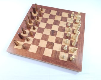 1970s Large Wooden Chess Set Board Carved Pieces Folding Game Portable, Complete