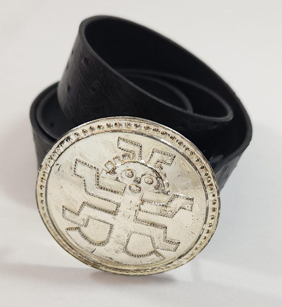 Vtg 1990s CECILE JEANNE Paris Leather Belt With Mayan Inca  display picture 2