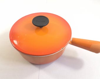 1950s Orange Cousances Le Creuset Enamel Cast Iron #18 Saucepan 2 QT w/Lid