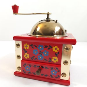 VTG 1950s Solid Wooden Coffee Grinder Hand Painted with Flowers
