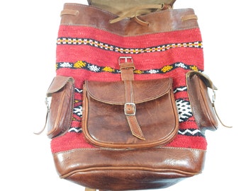 Handcrafted Moroccan Leather Boho Kilim Backpack Bag Carpet  display picture 1