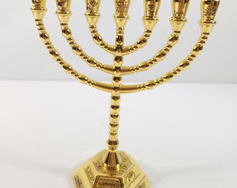 NEW Metal Engraved Gold Plated Judaica 8'' Menorah Holder