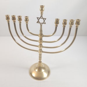 Solid Vintage Brass 9 Arms Menorah Candlestick with Star of David, 12''