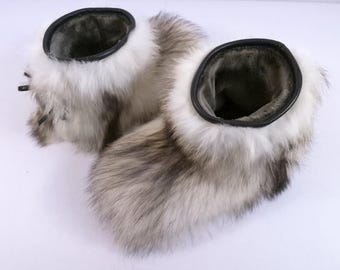 Vtg Women's Canadian Handmade Leather & Faux Fur Yeti Slippers, Size 8