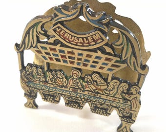 1970s Judaica Jerusalem Napkin Holder The Last Supper, Handmade Brass Enamel