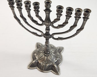 Vtg Pewter Judaica 9'' Tall 9 Branch Menorah Candle Holder.