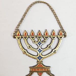 Vtg Handmade in Israel Brass Enamel Judaica Menorah Shape Wall Hanging