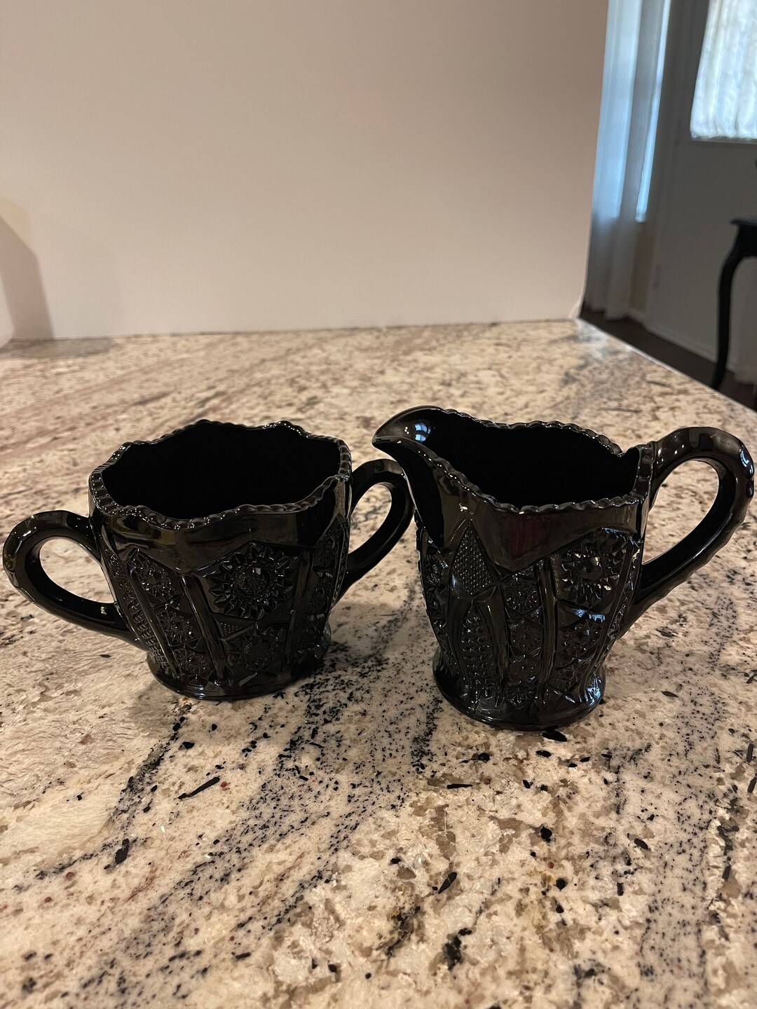 Tiara Glassware Black Open Sugar and Creamer Monarch Pressed Etsy