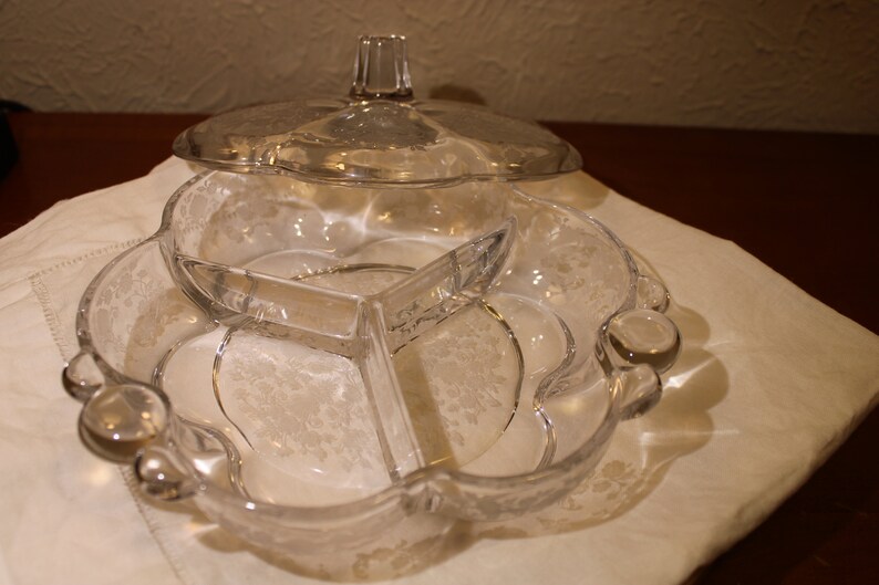 3 Sectioned Candy Dish With Lid first Love by Duncan and Miller Etsy