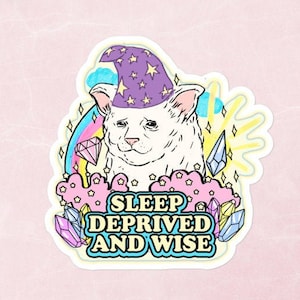Sleep deprived and wise sticker, 80s vintage pastel sticker, retro cat sticker