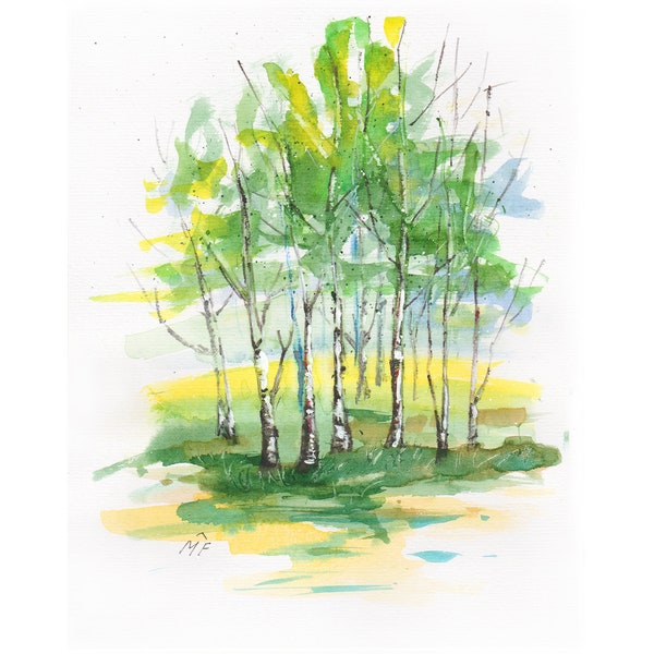 Birch Trees Painting Original Art Watercolor Aspen Artwork Birch Trunks Wall Art Small Painting 7.5" by 9.5" by MilenArtShop