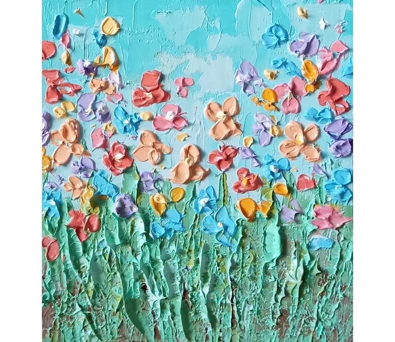 Flower Field Painting Original Art Impasto Floral Landscape 0 � �����������