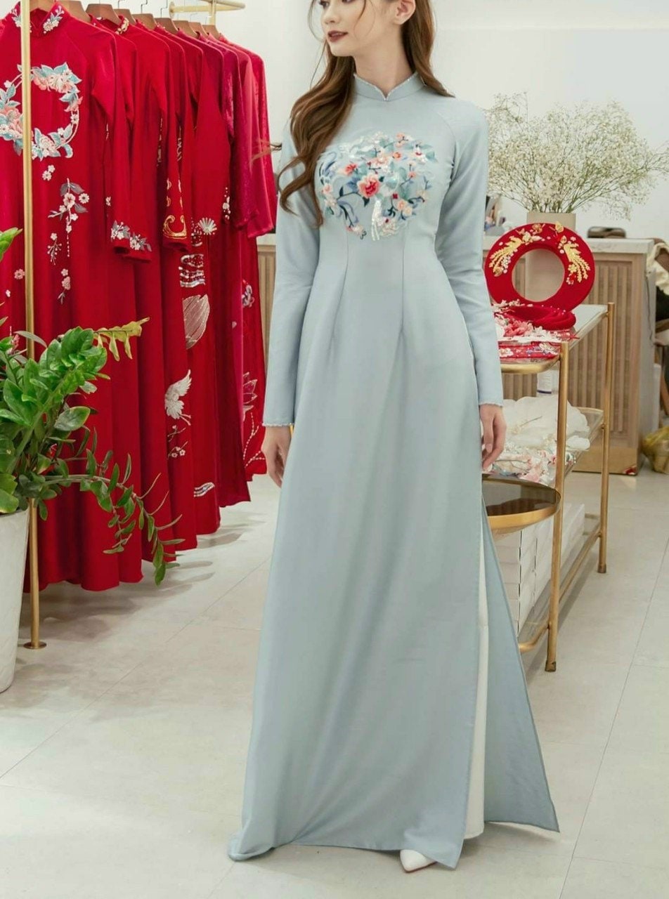 Designer Blue Sparkle and Embroidery Ao Dai Set: Red Sparrow - Etsy