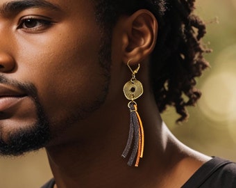 Mens Long Leather Tassel Earring, Leather Fringe Dangle Earrings Boho Brass Cowboy Earring