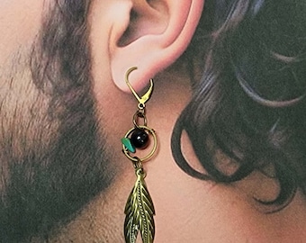 Mens Feather Earring With Natural Stone - Dangle Earring For Men - Turquoise - Tourmaline - Tiger Eye - Mens Custom Earring Tribal Jewelry
