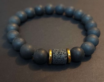 Mens Gift - Matte Black Onyx with Cube Lava Balance Bracelet, Mens Bracelet, Stretch Bracelet, Healing Bracelet - Fast Free Shipping