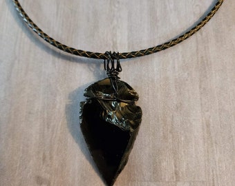 Mens Arrowhead Necklace, 2.5 Inch Black Obsidian Arrow head Pendant on Black Braided Leather Cord with Clasp, Protection Stone