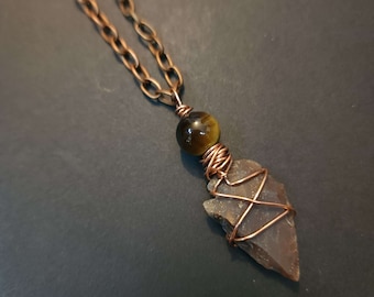 Guys Pendant Necklace, Mens Small Tiger Eye Necklace, Unique Copper Wire Wrapped Flint Arrow Head Pendant Necklace