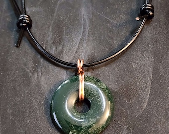 30mm Bloodstone Necklace, Copper and Dark Green Donut Circle Pendant, Pi Stone, Adjustable Length Slider Leather Cord Unisex Mens