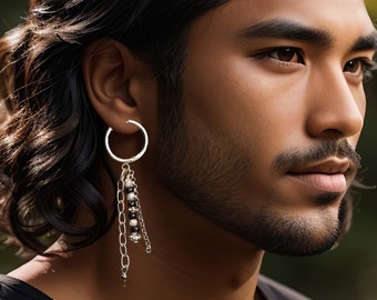 Boho Beaded Chain Dangle Earring For Men- Stainless Steel Hoop Drop Earring