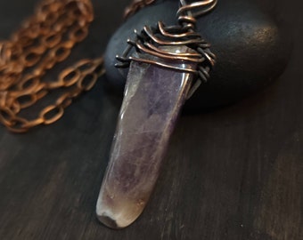 Amethyst Strength Protection Amulet Pendant Necklace, Wire wrapped copper jewelry for men or women AME301