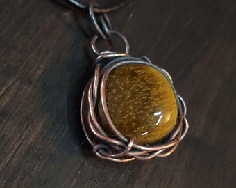 Tigers Eye Strength Protection Amulet Pendant Necklace, Wire wrapped copper jewelry for men or women