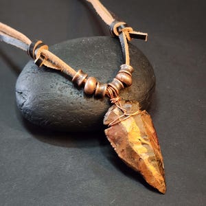 Mens Brown Arrow Head Pendant Necklace with Leather Adjustable Cord, Handpainted Brown Arrowhead