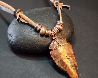 Mens Brown Arrow Head Pendant Necklace with Leather Adjustable Cord, Handpainted Brown Arrowhead