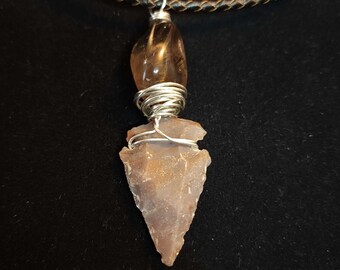 Gray Smoky Quartz Necklace for Men, Unique Mens Wire Wrapped Flint Arrow Head Pendant Jewelry