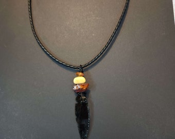 Mens Boho Tri Colored Amber and Black Obsidian Pendant Necklace with Leather Cord, Unique Wire Wrapped Arrow Head Necklace with Clasp