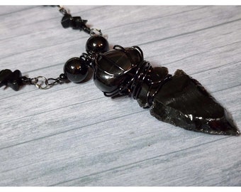 Black Obsidian Arrowhead, Black Onyx Necklace For Men, 28 Inch Beaded Chain, real Protection Stone